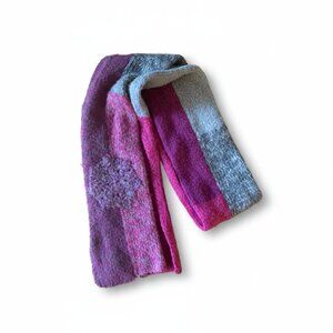 VINTAGE Wool Pink and Gray Knit Scarf with Floral Accents